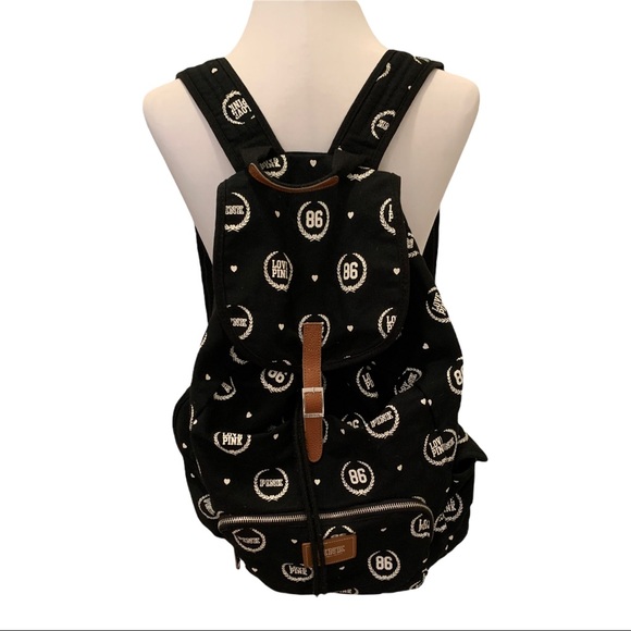 Victoria’s Secret PINK Canvas Backpack 86. Black and white with leather accents.